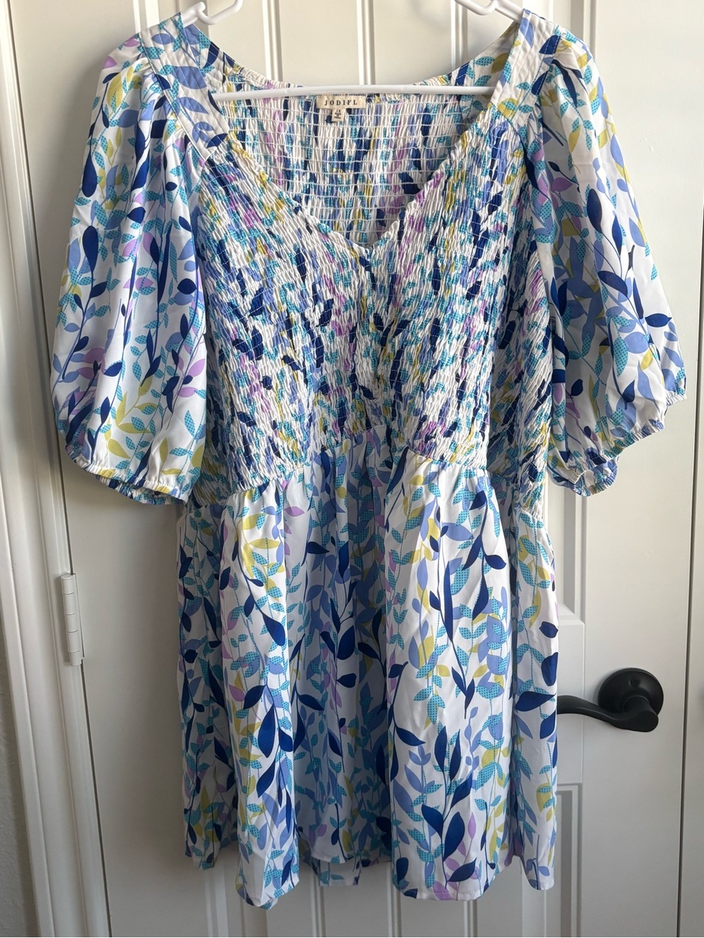 JODIFL Blue, White & Light Purple Leaf-Print Smocked Mini Dress - Picture 2 of 5